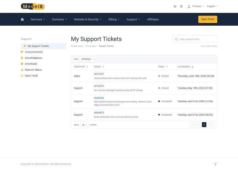 Mewnix Customer Support: Tickets history 