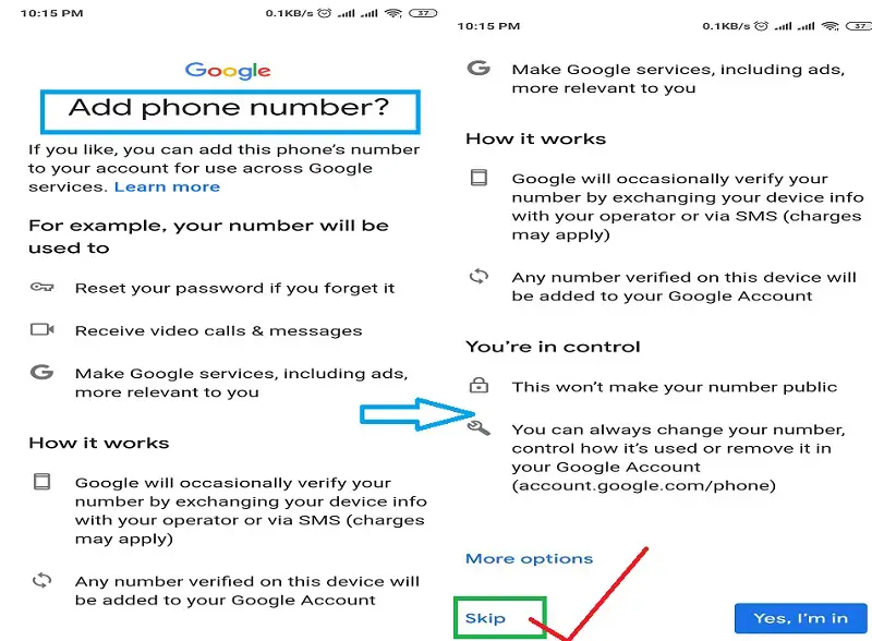 Step 8: Now it will ask to "Add phone number?". Scroll down and please select the "Skip" option to avoid phone no. verification with a new Google account.